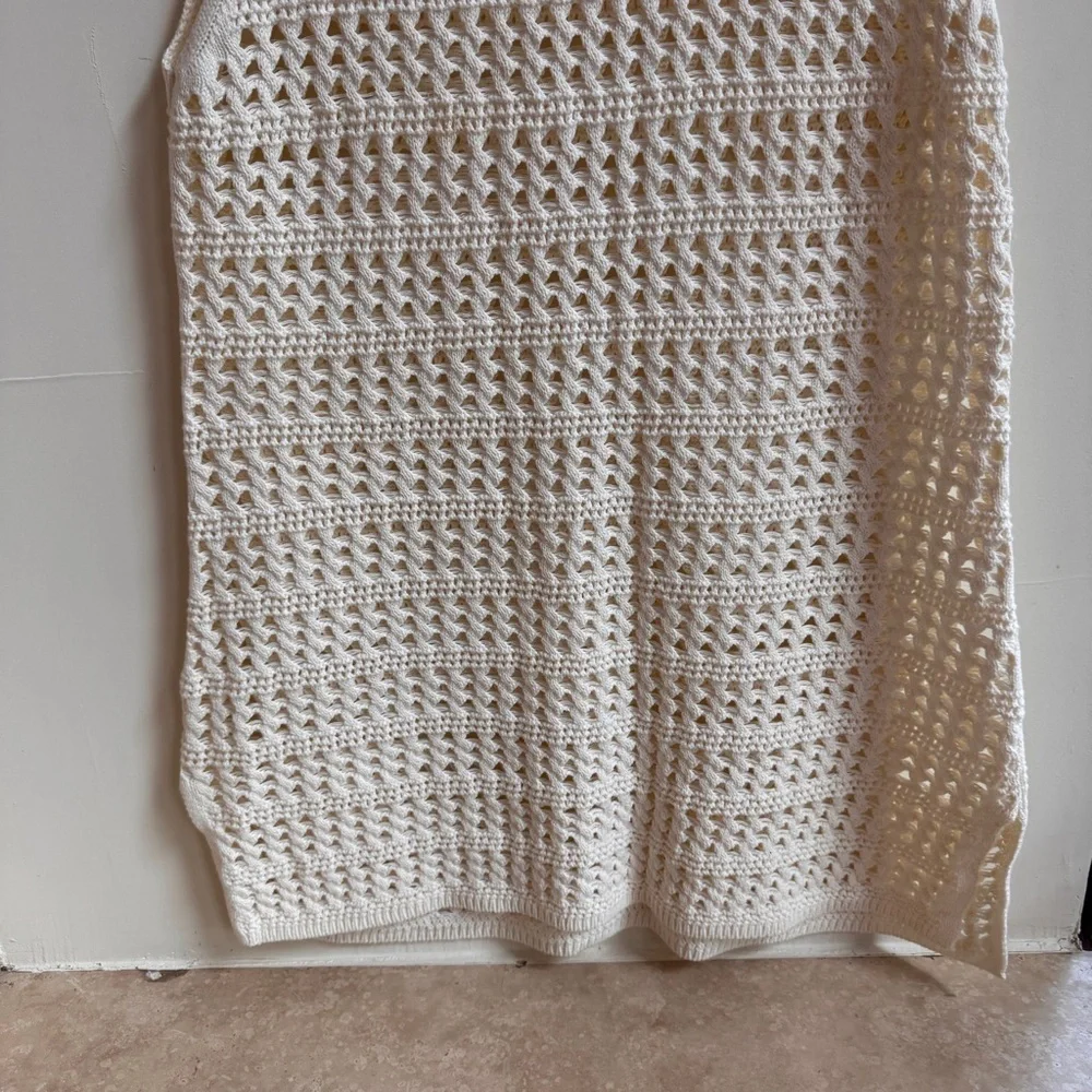 Ivory Open Knit Sleeveless Sweater Tunic Swim Cover Dress Womens Size L Beach